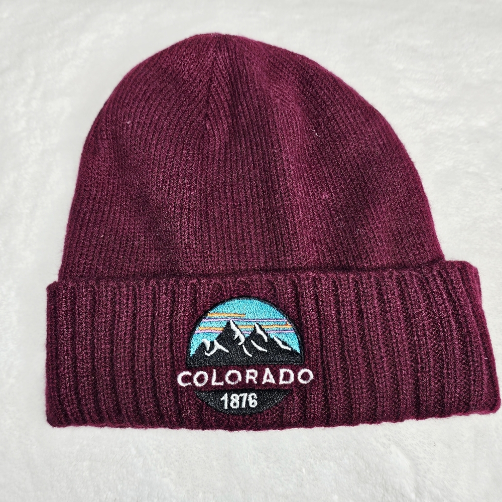 Burgundy Knit Beanie with Colorado Patch